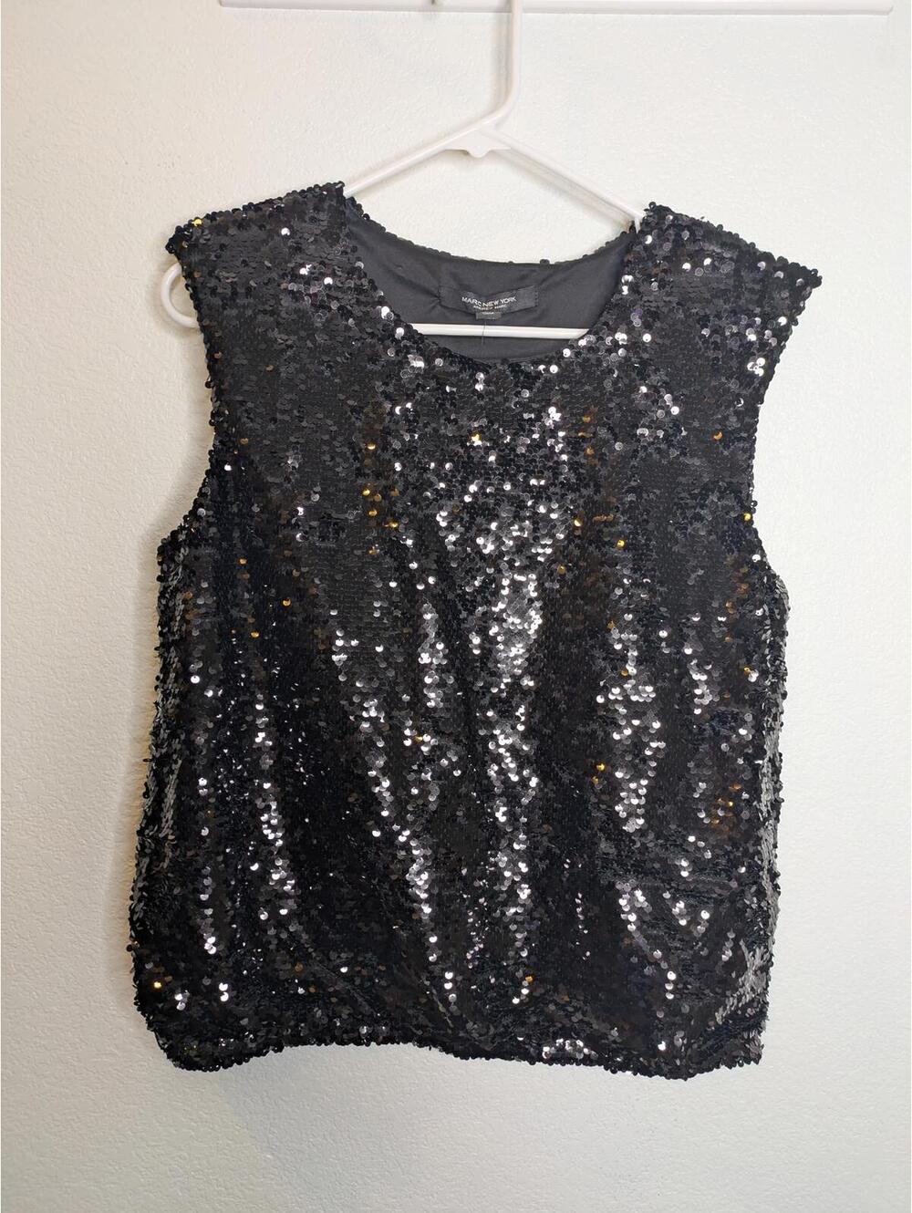 Marc New York Andrew Marc Sequin Top Black Sleeveless Party Blouse Size M NWT